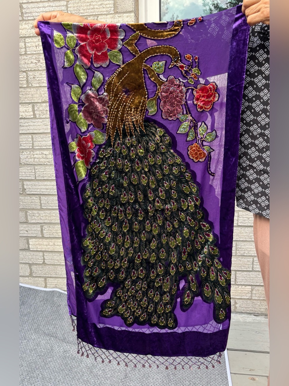 Purple Peacock Embroidered Velvet Appliqué Scarf